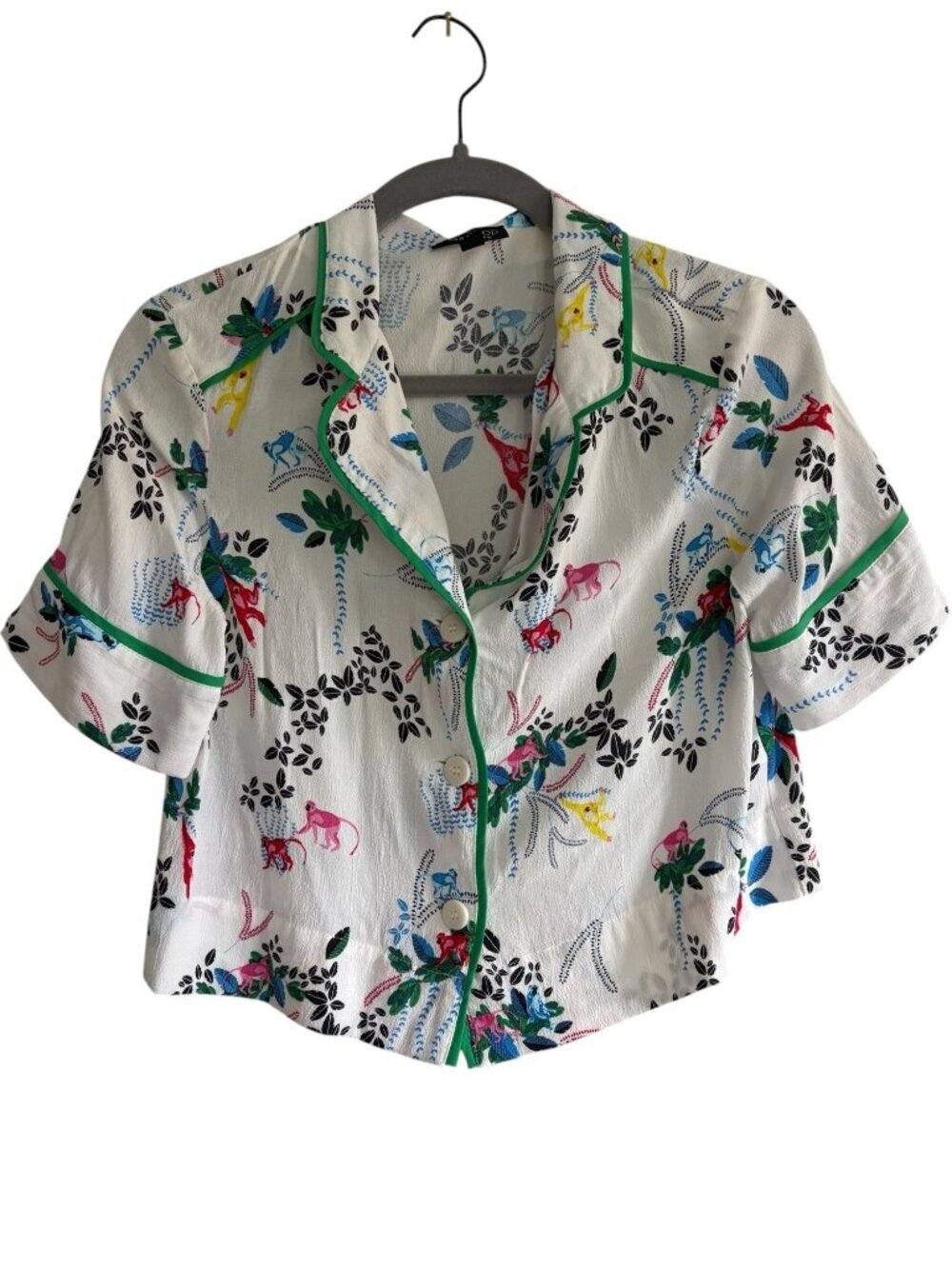 Topshop Women's Pink Monkey Jungle Print Button-Up Crop Shirt Size US 6